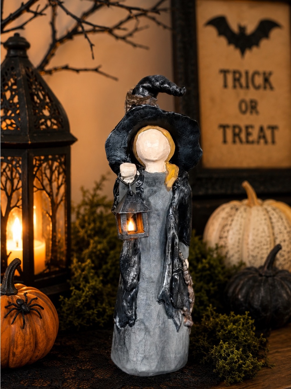 Charming Witch Figurine with Lantern - Black and Gray